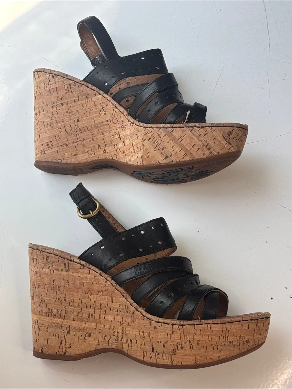 Born Black Leather Cork Wedge Sandals with Eyelet Details